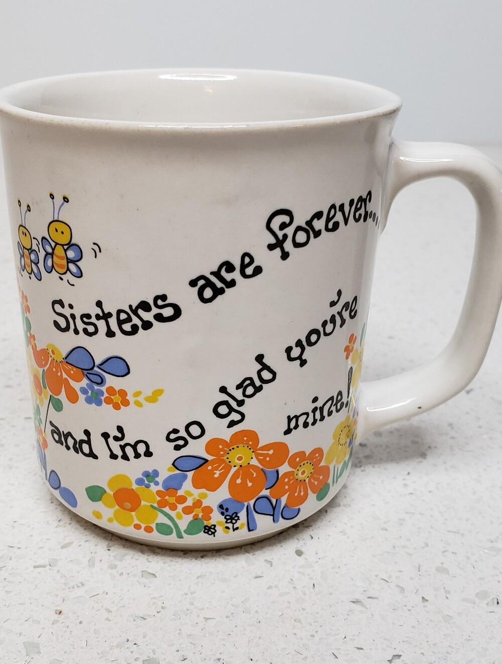 Sisters Are Forever Floral Vintage Ceramic Mug Flowers Bees Signed Roberta